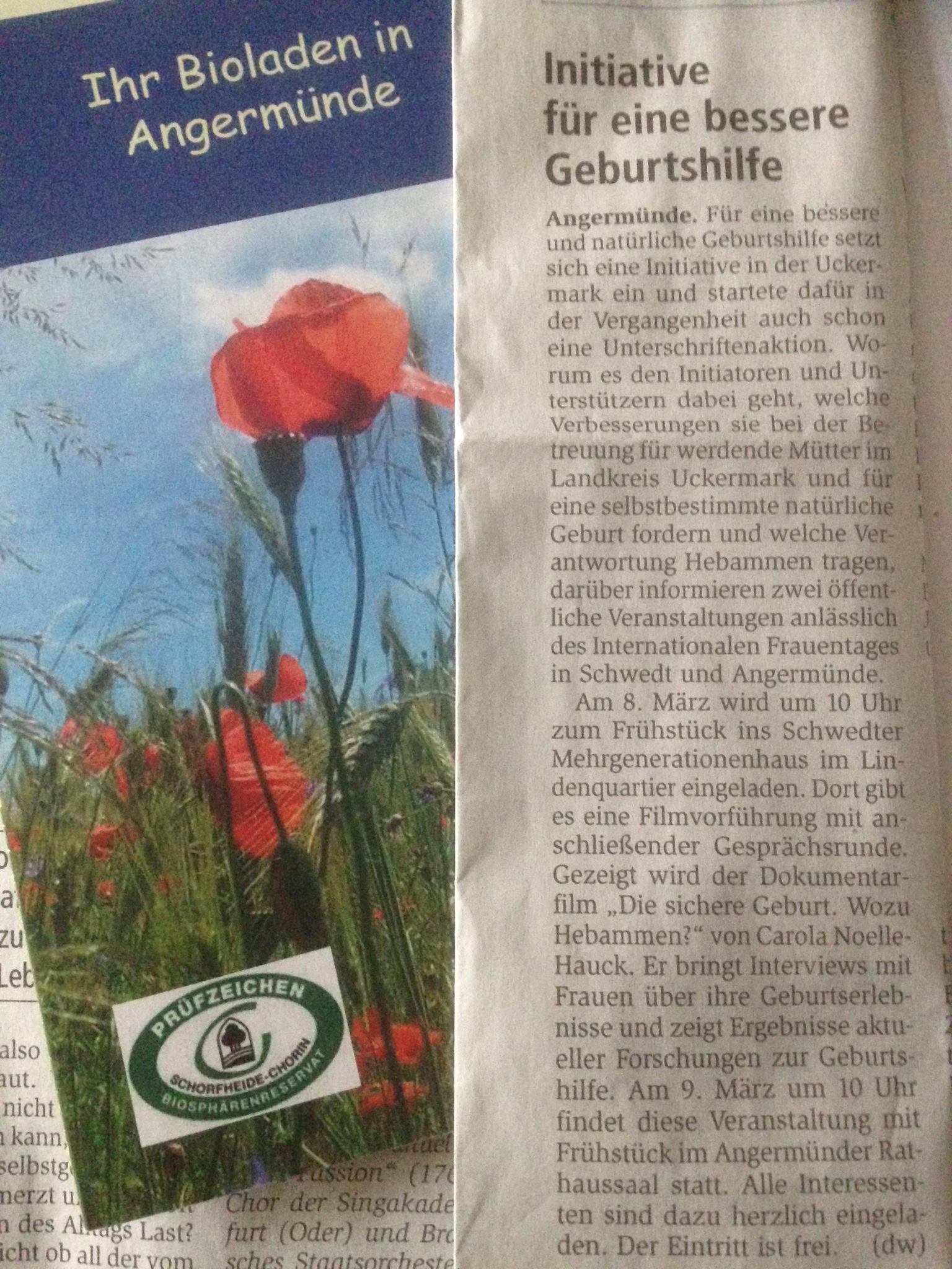 Ankündigung in der Märkischen Oderzeitung